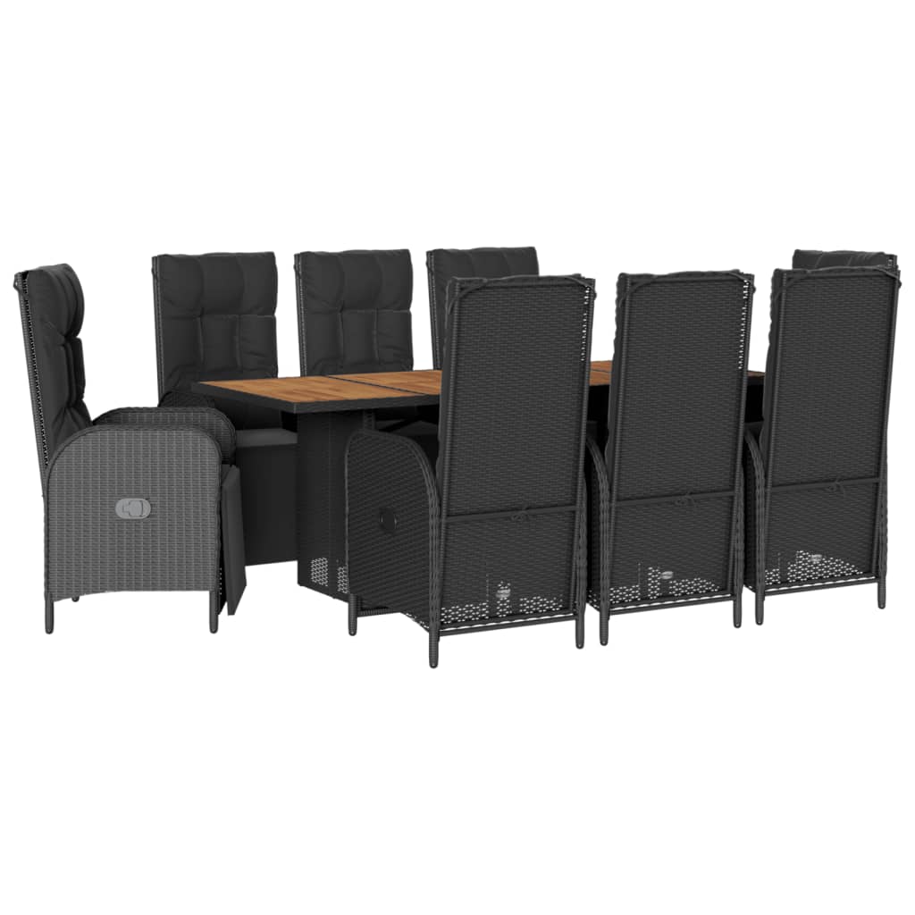 9 részes fekete polyrattan kerti étkezőgarnitúra párnákkal 2