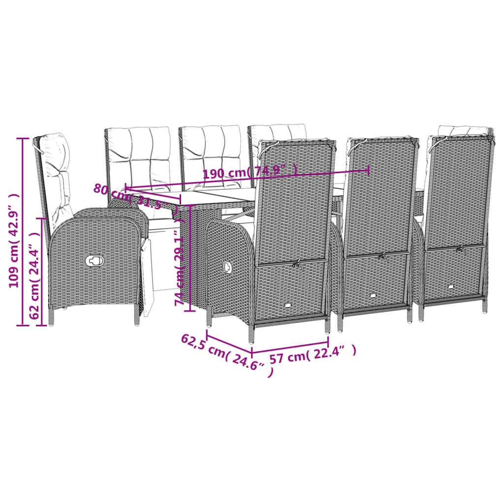 9 részes fekete polyrattan kerti étkezőgarnitúra párnákkal 7