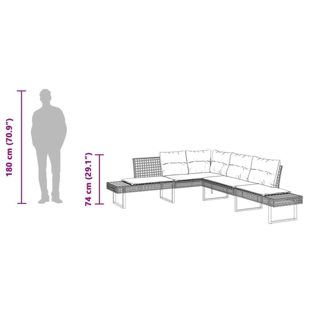 Fekete polyrattan és akácfa L-alakú kerti kanapé párnával 8