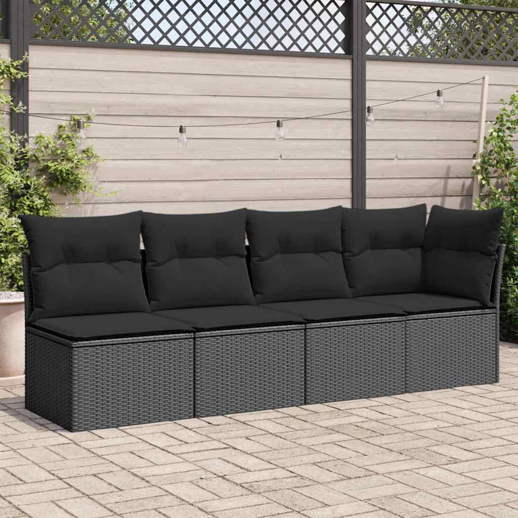 4 személyes fekete polyrattan kerti kanapé párnákkal