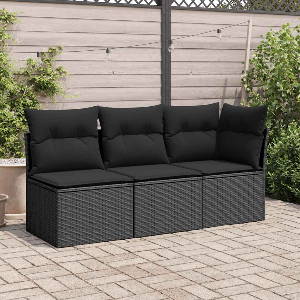 3 személyes fekete polyrattan kerti kanapé párnákkal 3