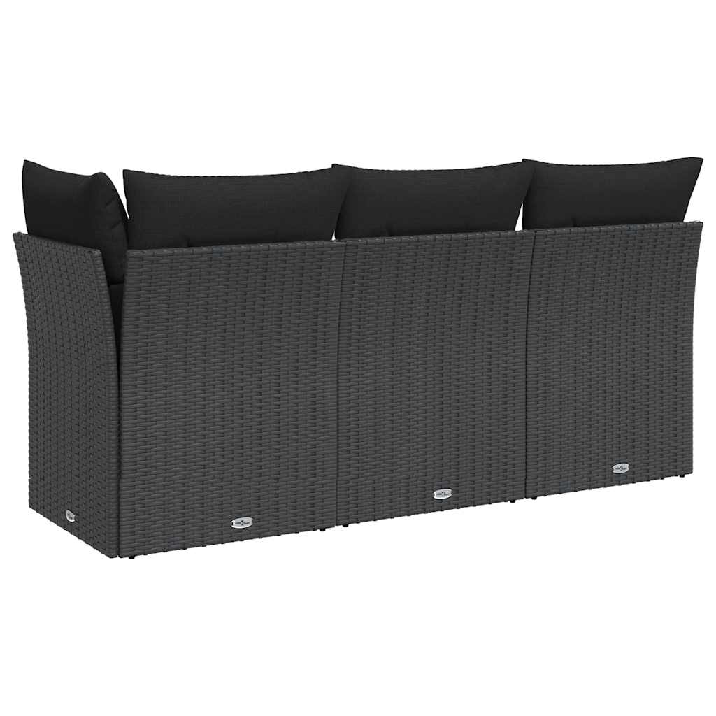 3 személyes fekete polyrattan kerti kanapé párnákkal 6
