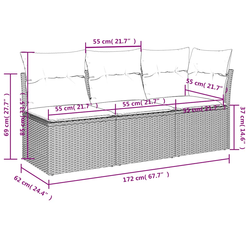 3 személyes fekete polyrattan kerti kanapé párnákkal 11