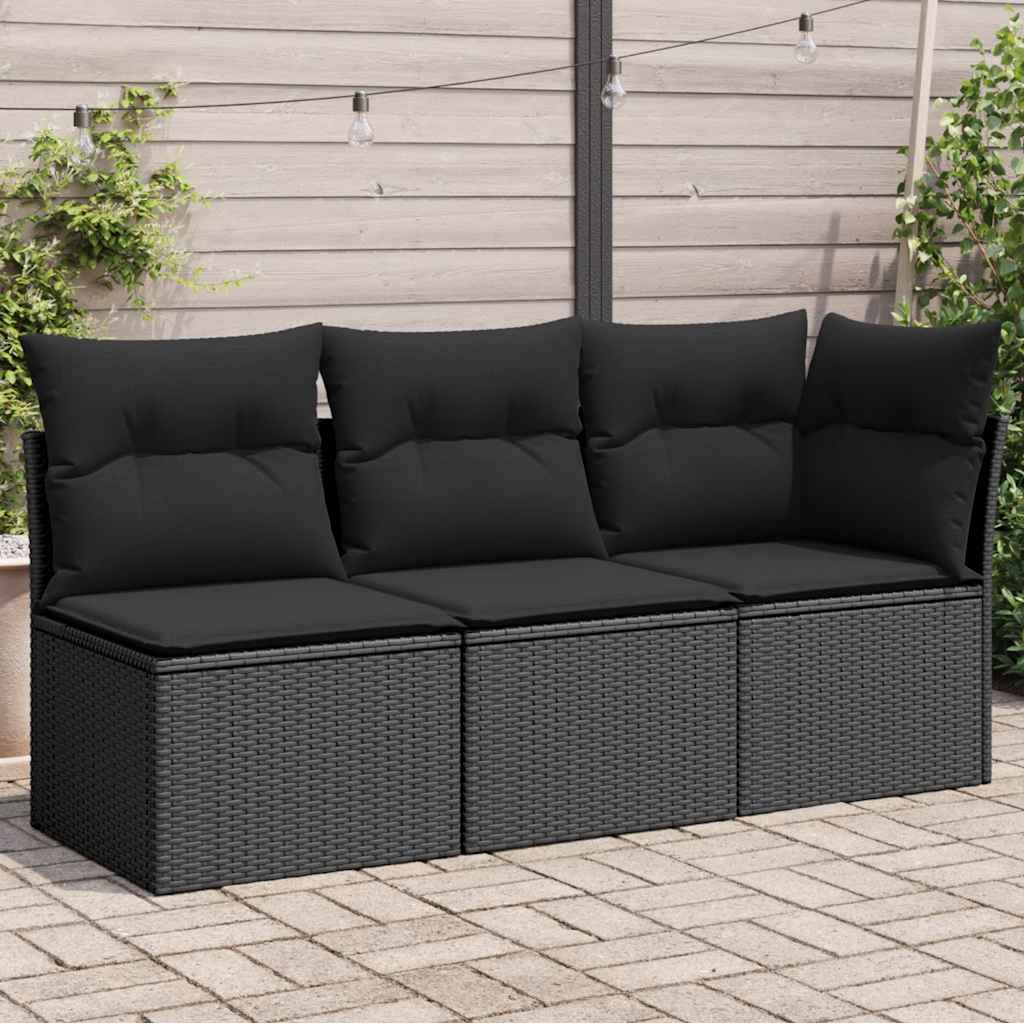 3 személyes fekete polyrattan kerti kanapé párnákkal