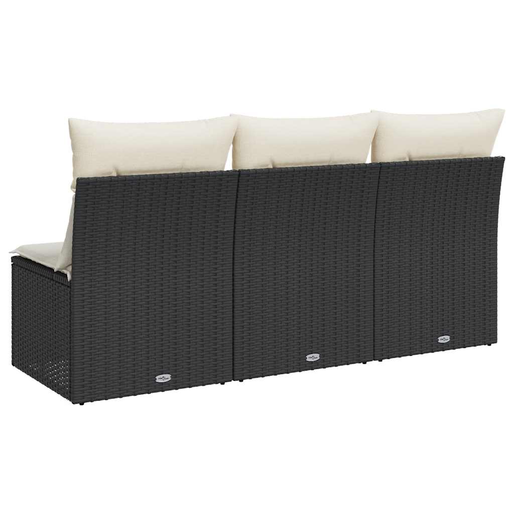 Fekete 3 személyes polyrattan kerti kanapé párnákkal 6
