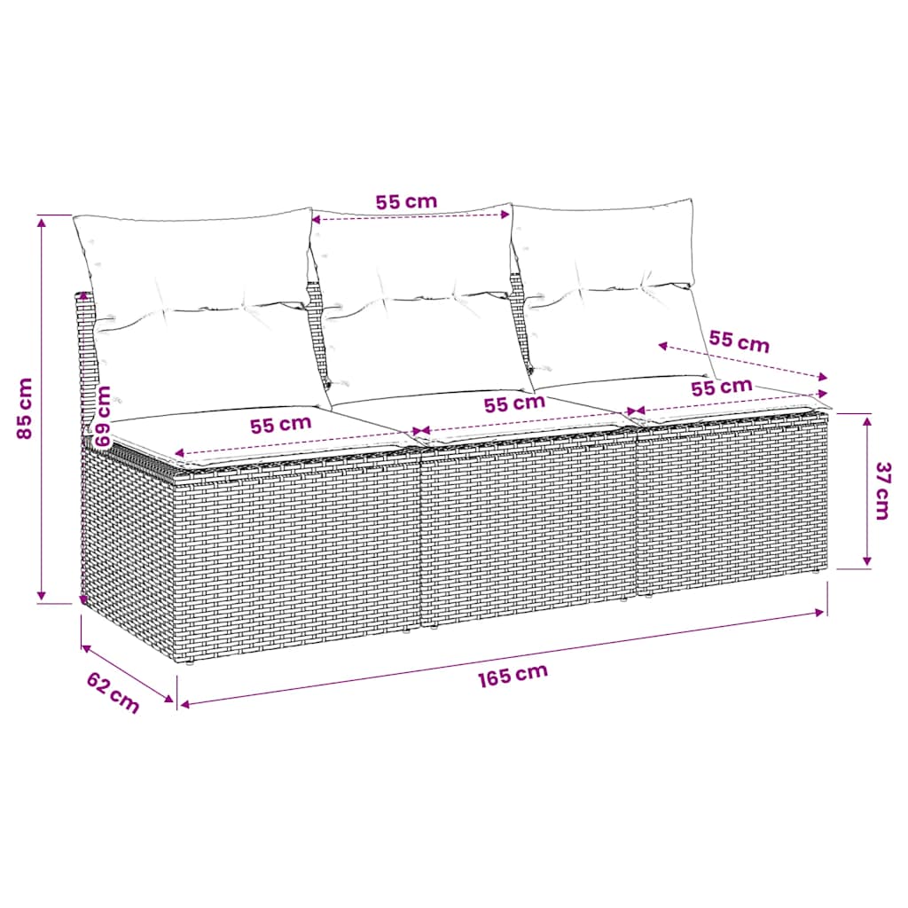 Fekete 3 személyes polyrattan kerti kanapé párnákkal 10
