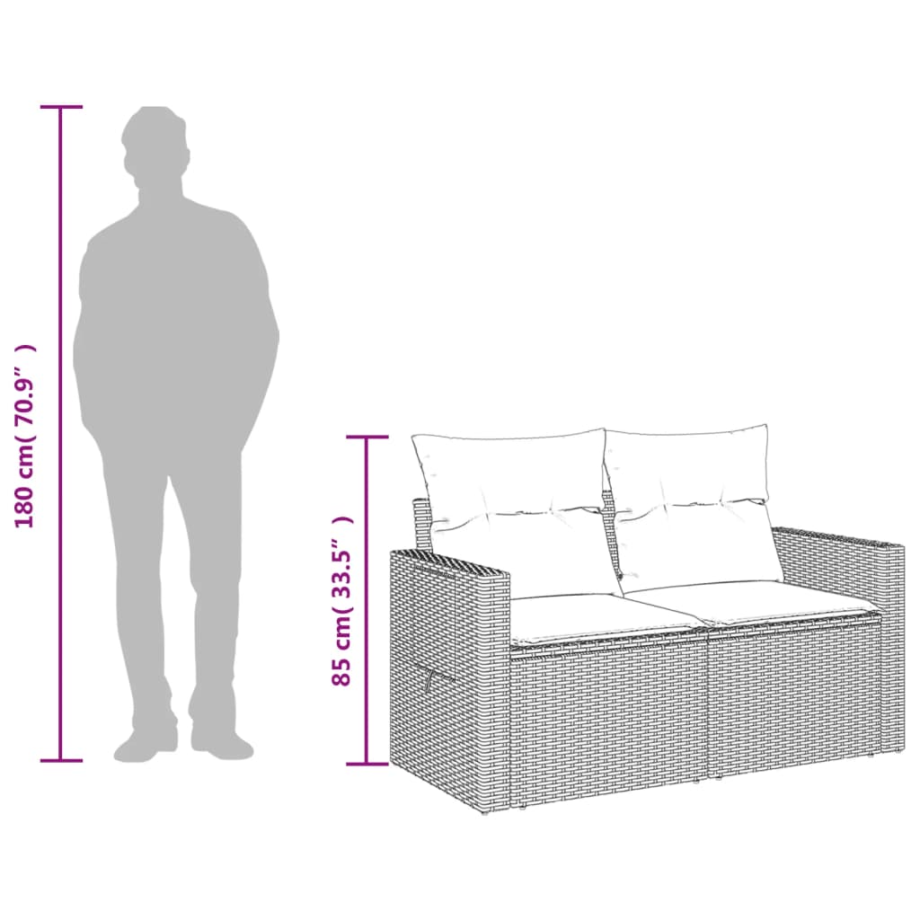 2 személyes fekete polyrattan kerti kanapé párnával 12