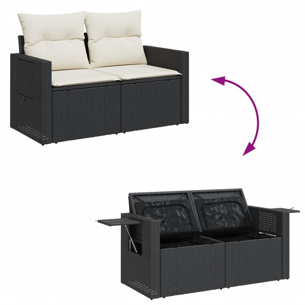2 személyes fekete polyrattan kerti kanapé párnával 8