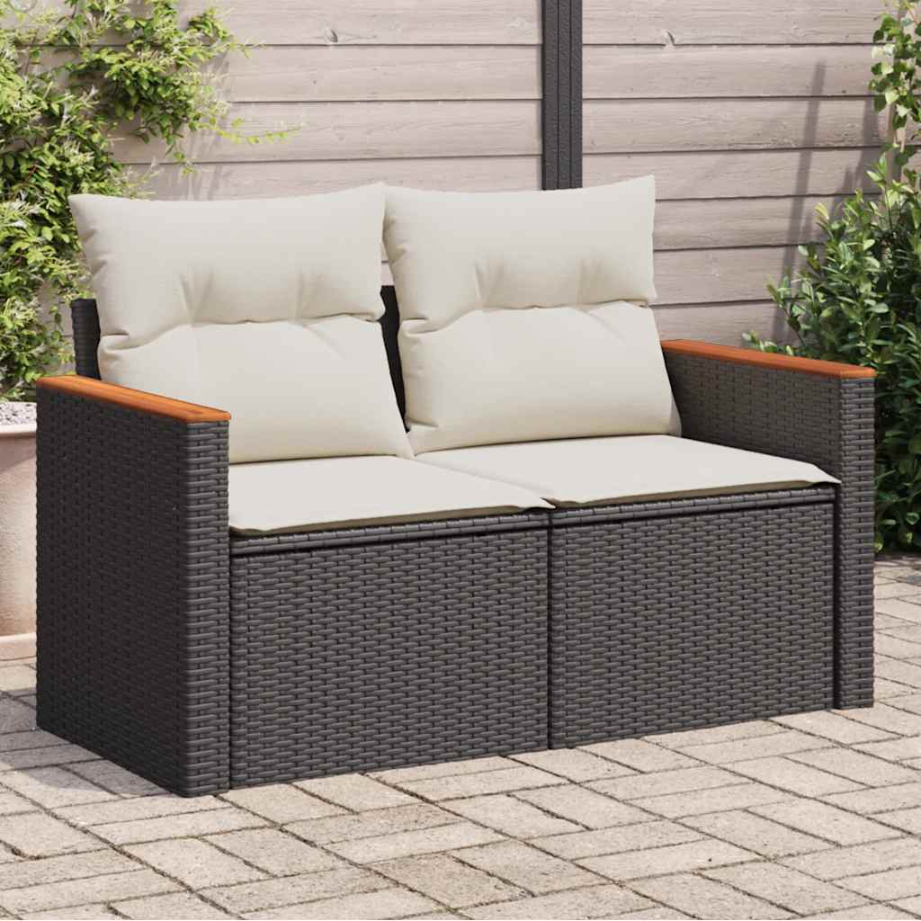 2 személyes fekete polyrattan kerti kanapé párnával