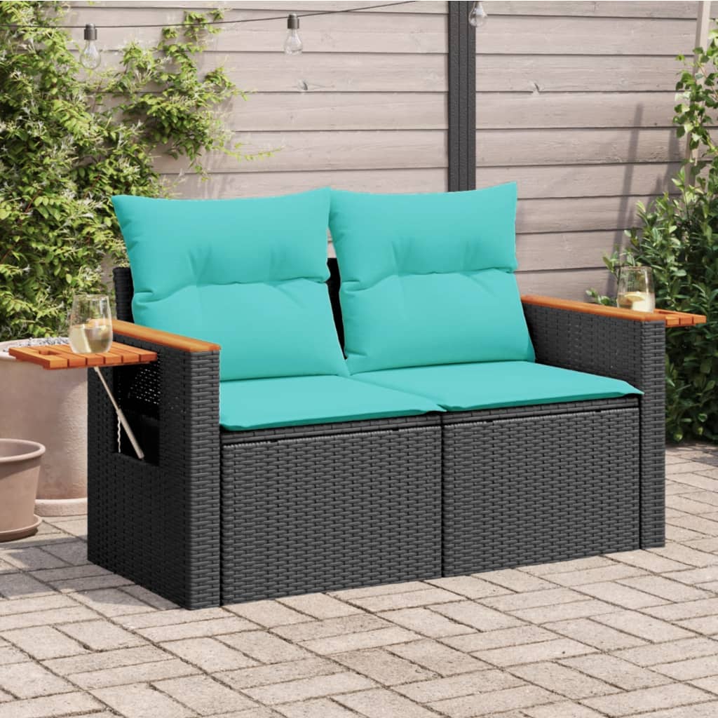 Kétszemélyes fekete polyrattan kerti kanapé párnákkal