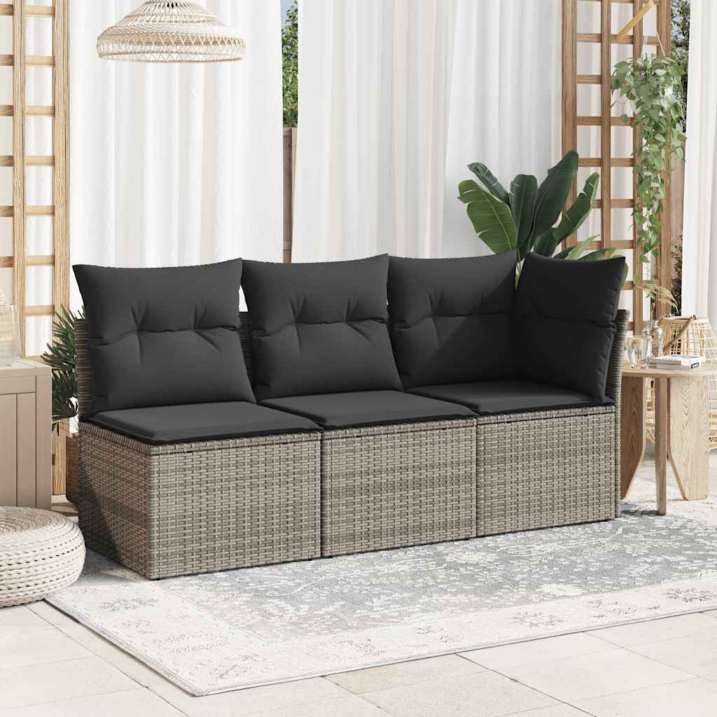 Szürke polyrattan karfa nélküli kerti kanapé párnával 3