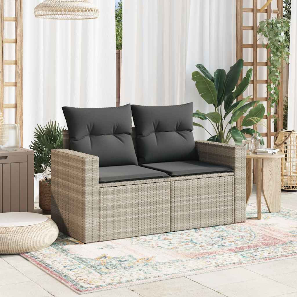 2 személyes világosszürke polyrattan kerti kanapé párnával 3