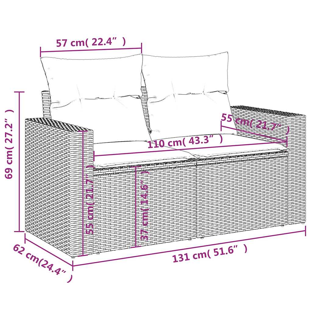 2 személyes világosszürke polyrattan kerti kanapé párnával 9
