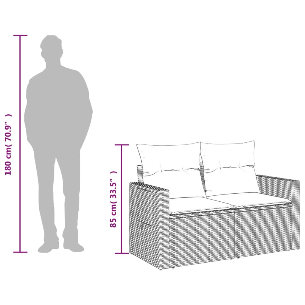 Kétszemélyes barna polyrattan kerti kanapé párnákkal 10