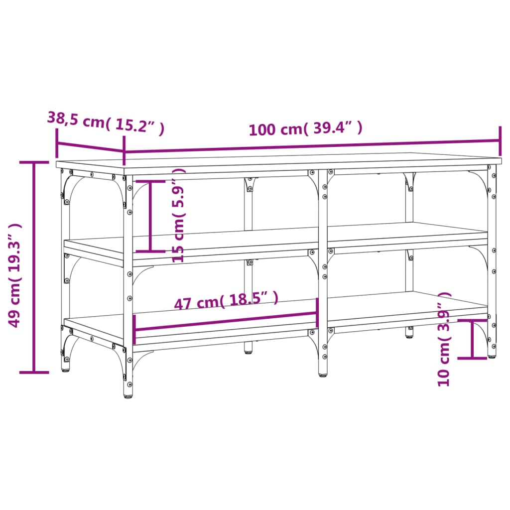 Füstös tölgy színű szerelt fa cipőtároló pad 100 x 38,5 x 49 cm 10