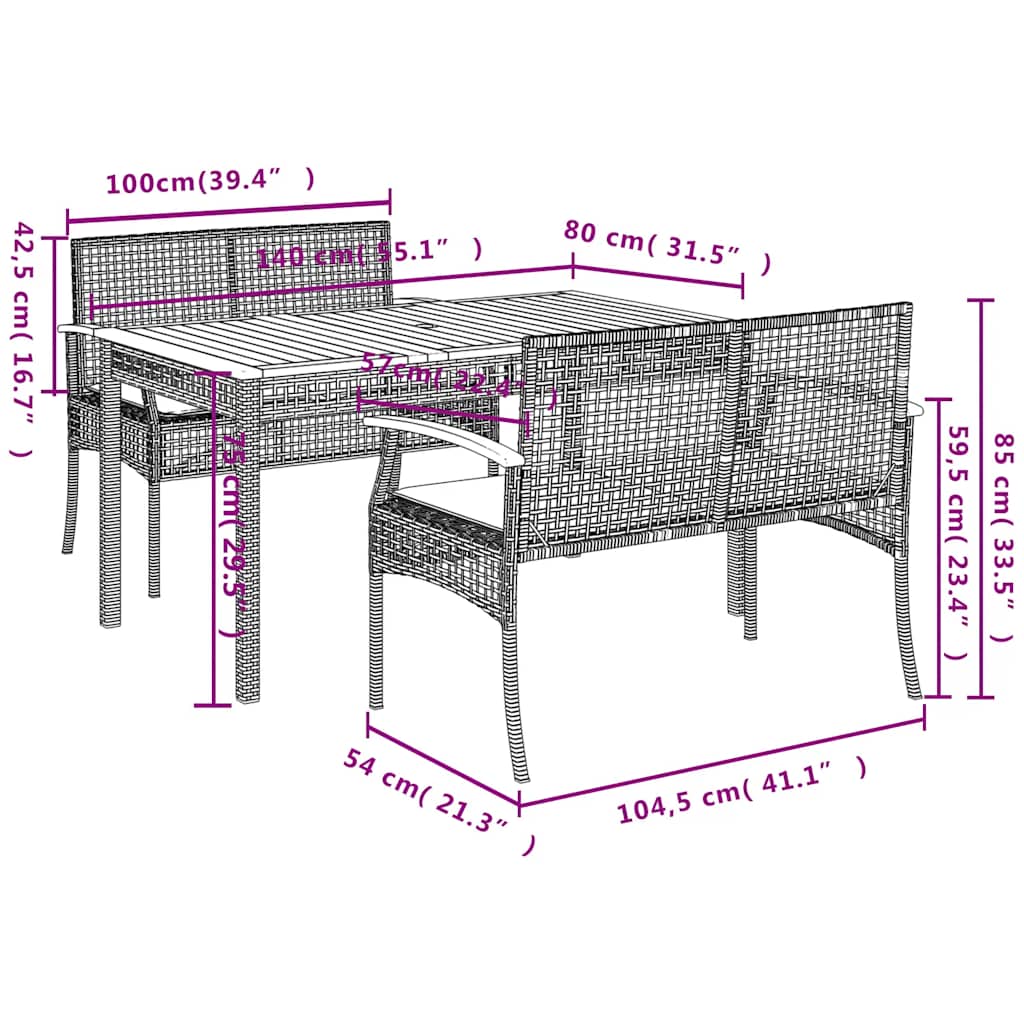 3 részes szürke polyrattan kerti étkezőgarnitúra párnával 9