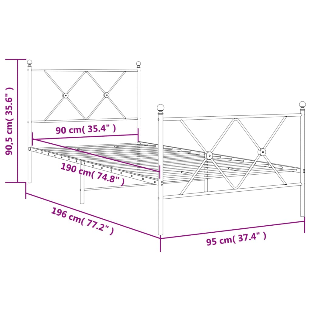 Fekete fém ágykeret fej- és lábtámlával 90 x 190 cm 8