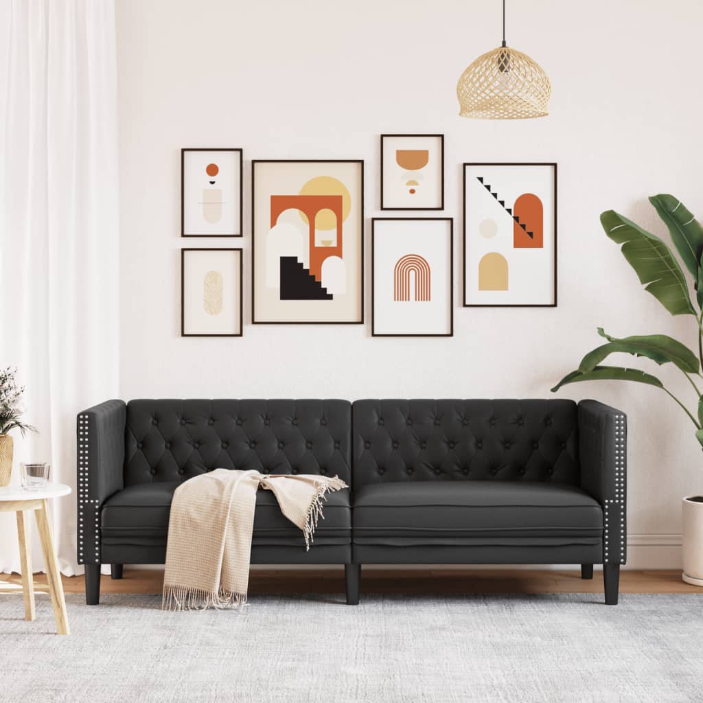 3 személyes fekete műbőr Chesterfield kanapé 3
