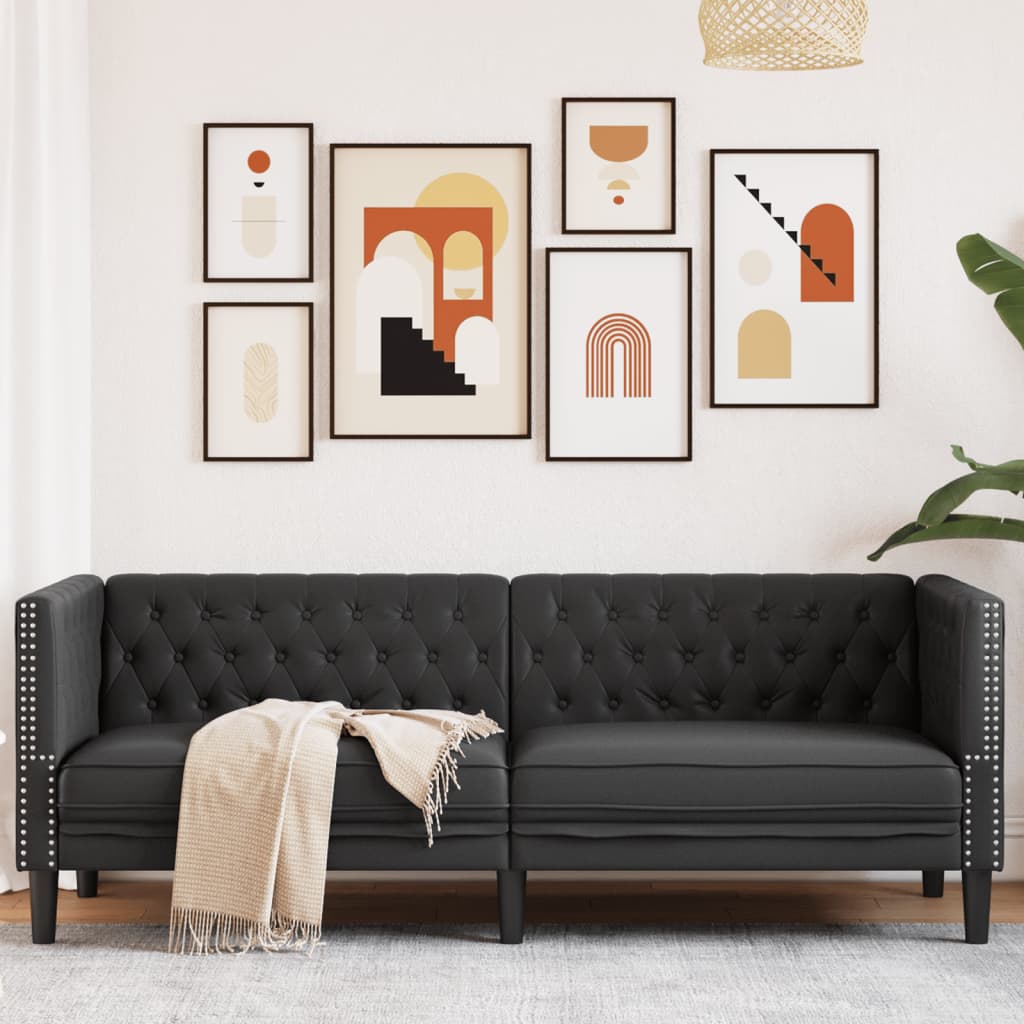 3 személyes fekete műbőr Chesterfield kanapé