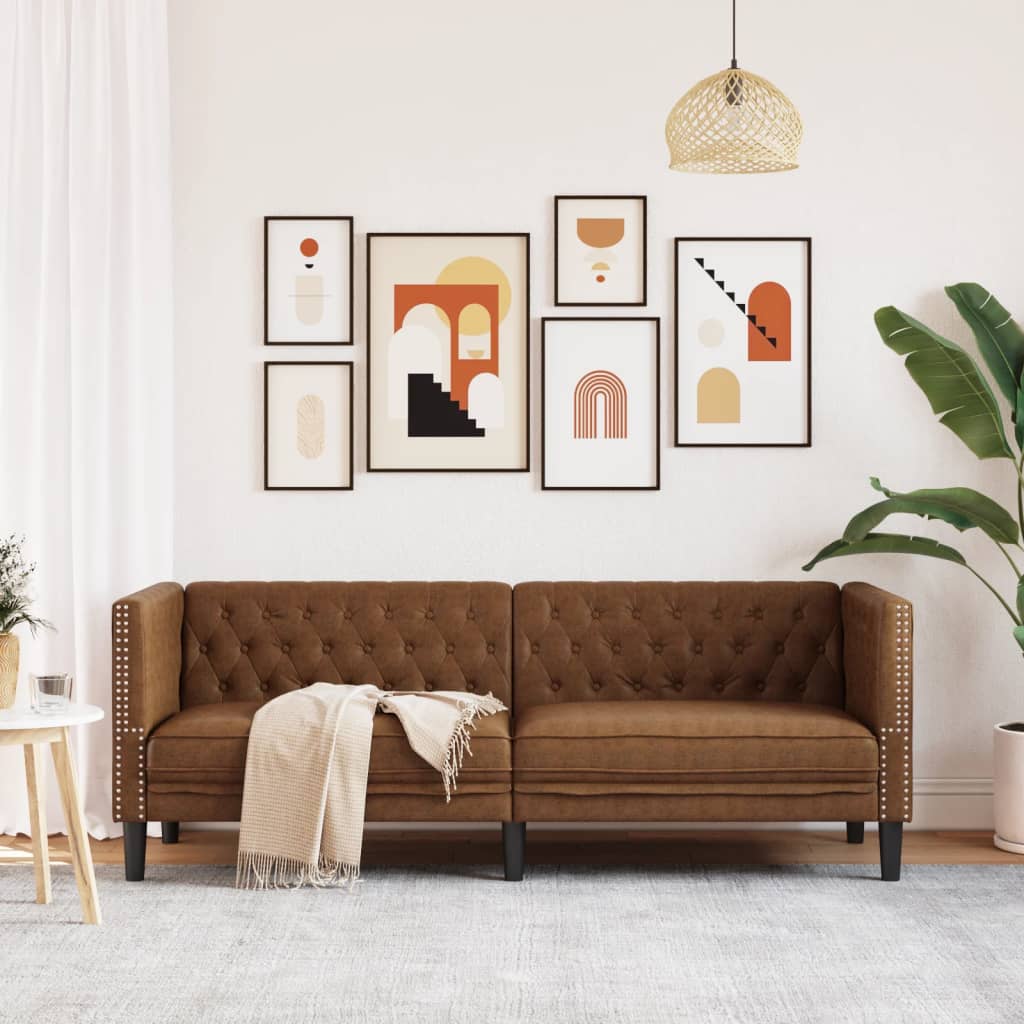 3 személyes barna műbőr Chesterfield kanapé 3