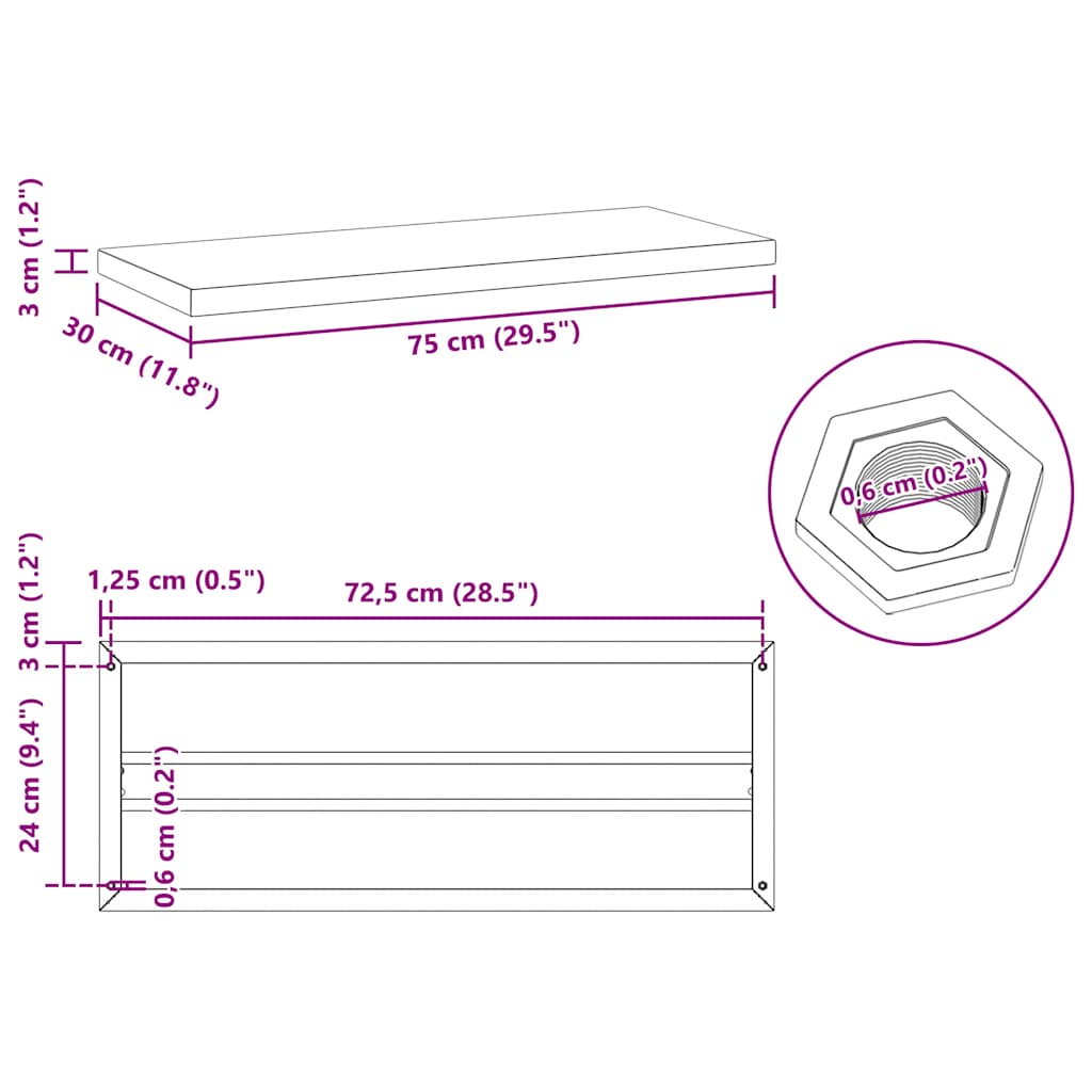 2 db fekete rozsdamentes acél fali polc 75 x 30 cm 10