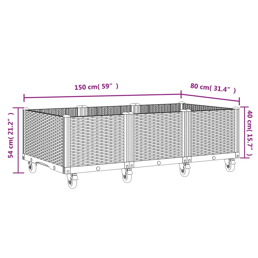 Világosszürke PP rácsos kerekes ültetőláda 150 x 80 x 54 cm 7
