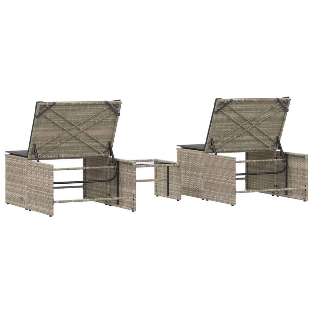 2 db világosszürke polyrattan napozóágy asztallal 8