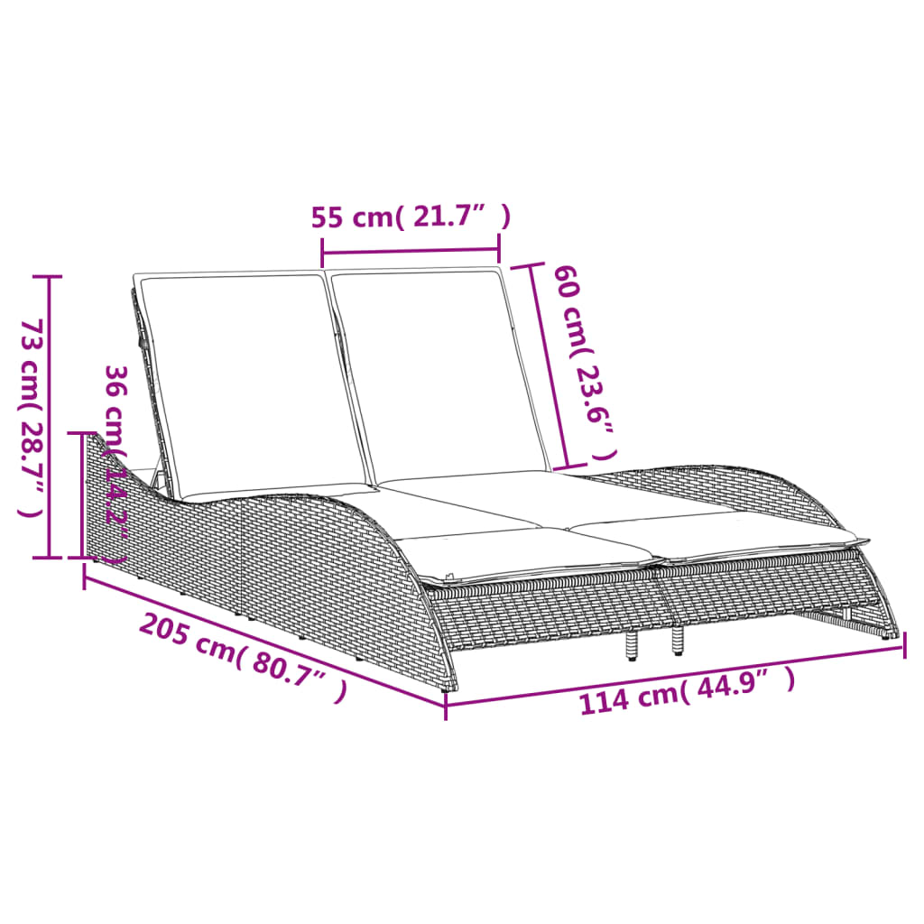 Fekete polyrattan napozóágy párnákkal 114x205x73 cm 10