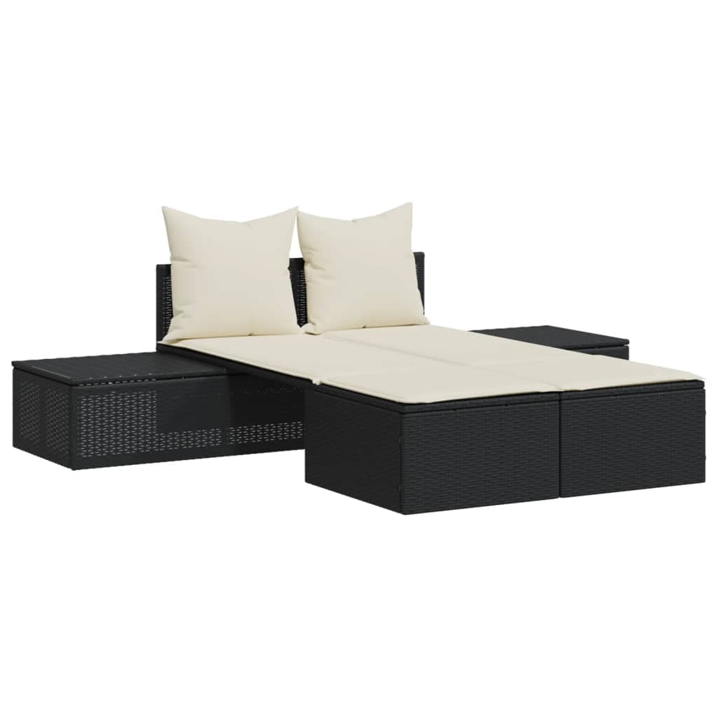 Fekete polyrattan dupla napozóágy párnával 2