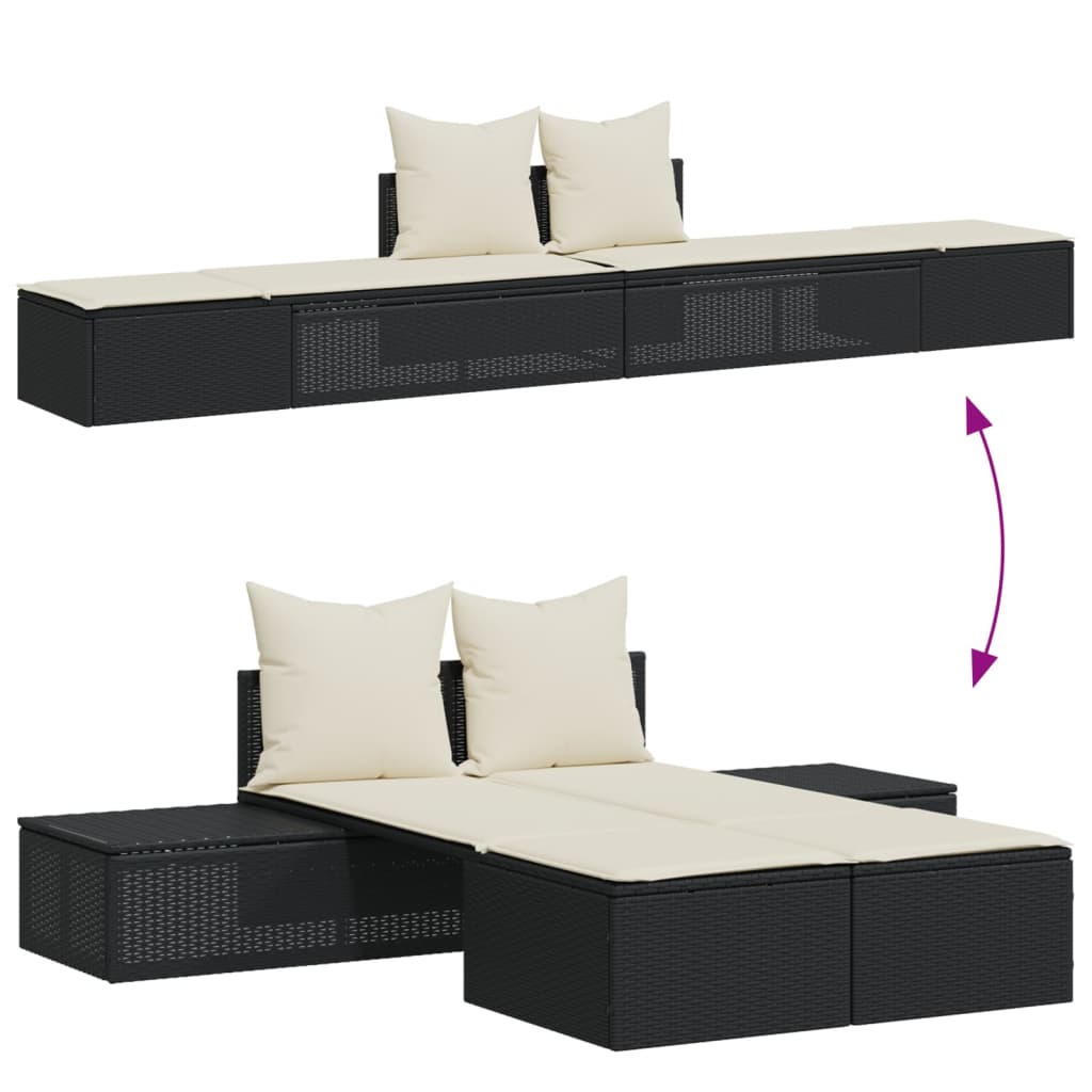 Fekete polyrattan dupla napozóágy párnával 3