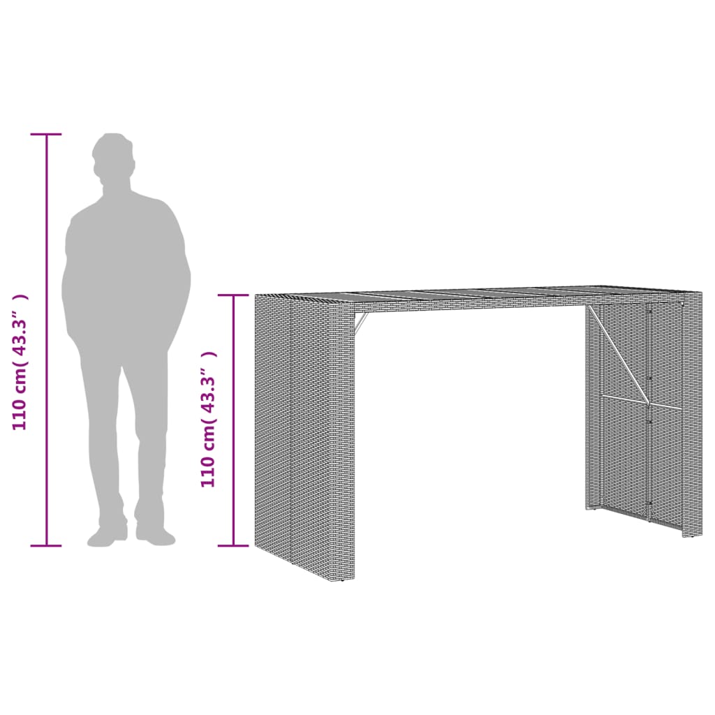 Fekete polyrattan kerti bárasztal akácfa lappal 185x80x110 cm 10