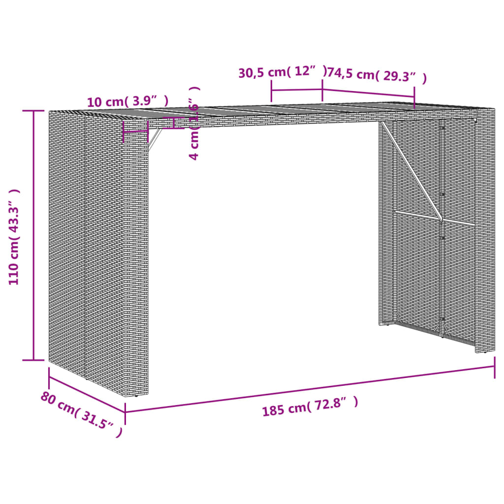 Fekete polyrattan kerti bárasztal akácfa lappal 185x80x110 cm 11