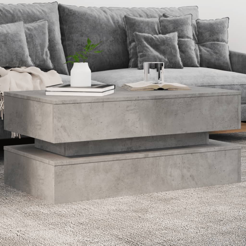 Betonszürke dohányzóasztal LED-lámpákkal 90x50x40 cm