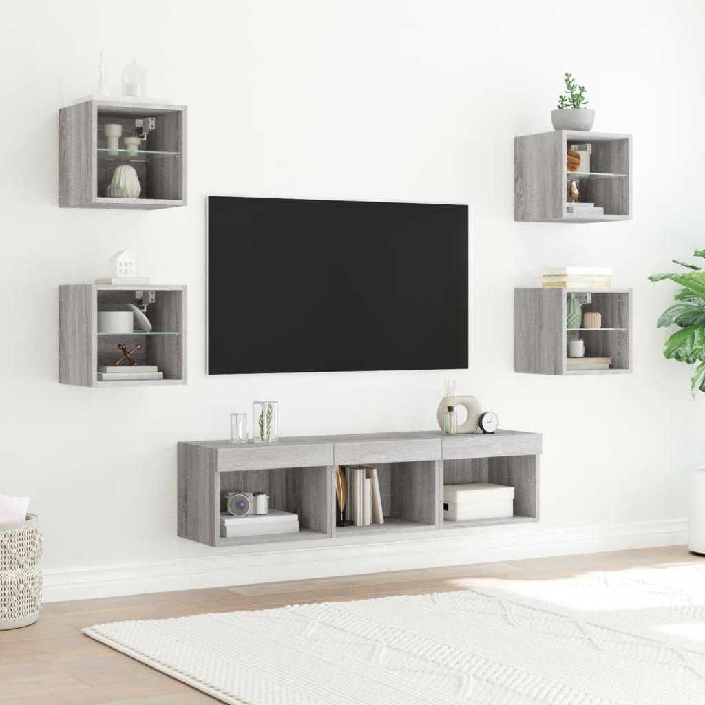 7 darab szürke sonoma színű szerelt fa fali TV-bútor LED-del 3