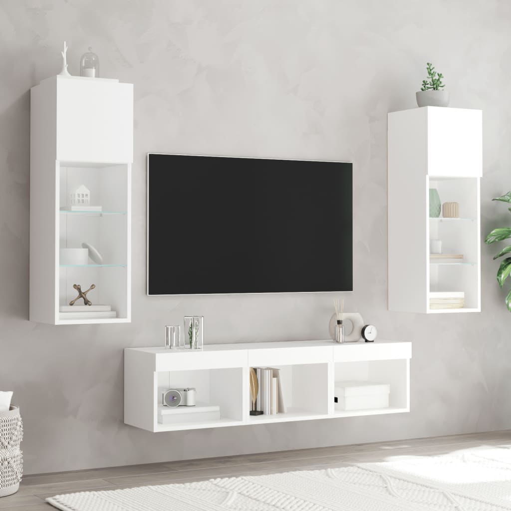 5 darab fehér szerelt fa fali TV-bútor LED-del 3