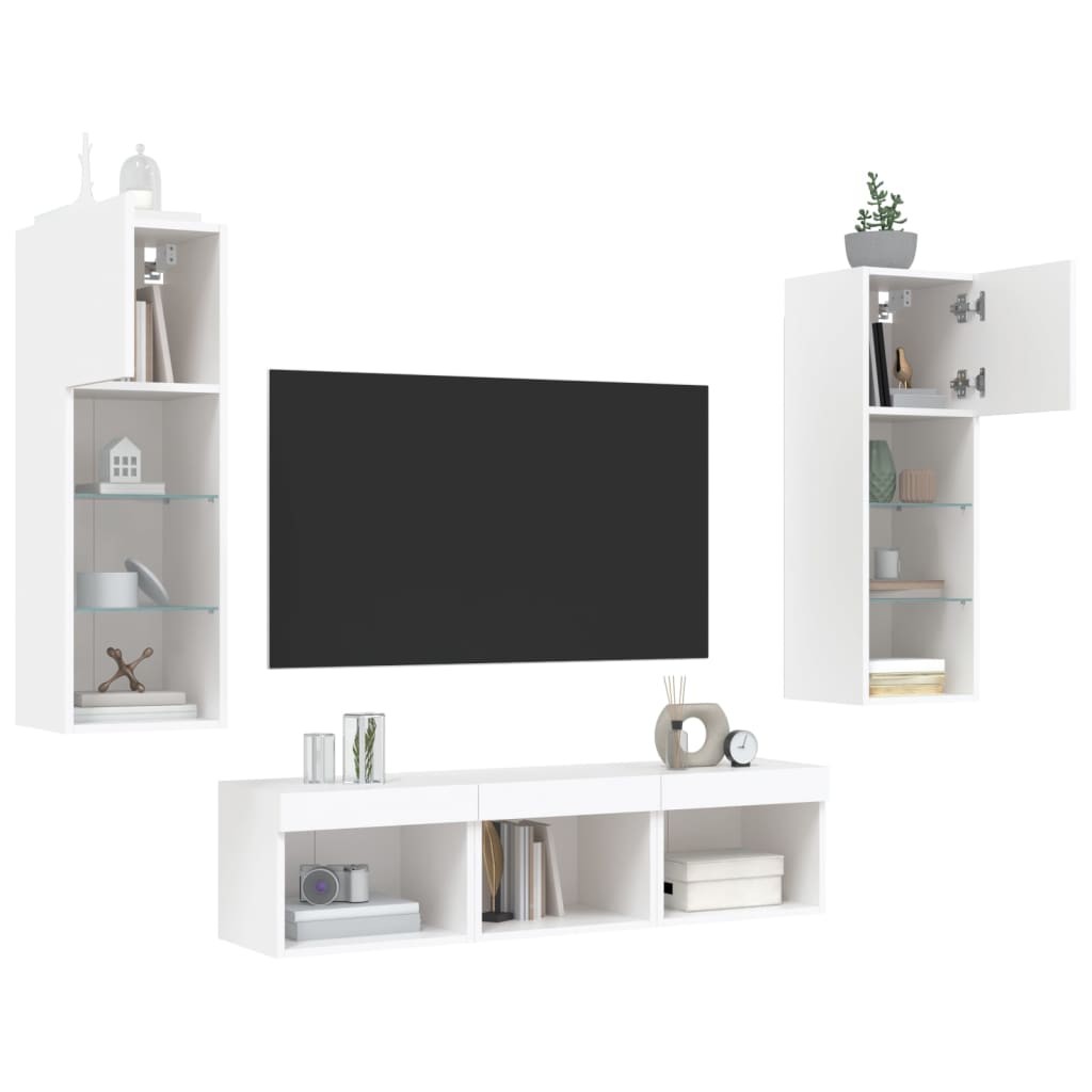 5 darab fehér szerelt fa fali TV-bútor LED-del 4