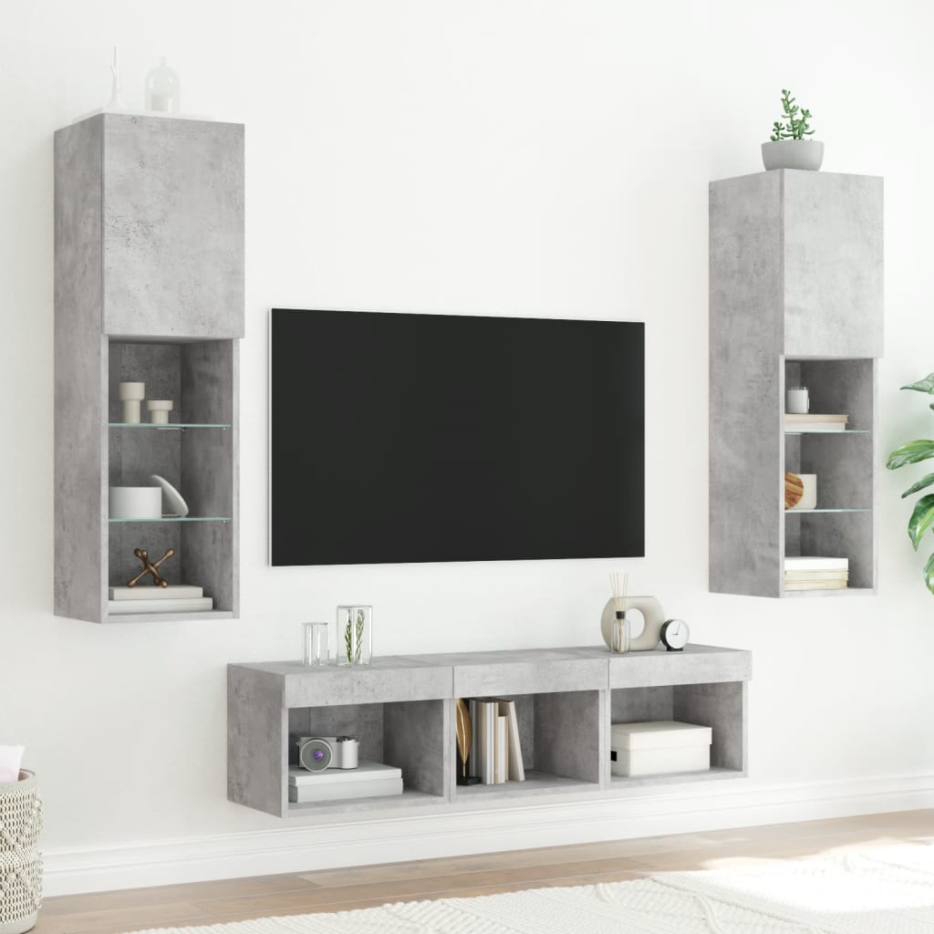 5 darab betonszürke szerelt fa fali TV-bútor LED-del 3