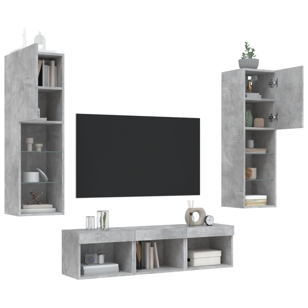 5 darab betonszürke szerelt fa fali TV-bútor LED-del 4
