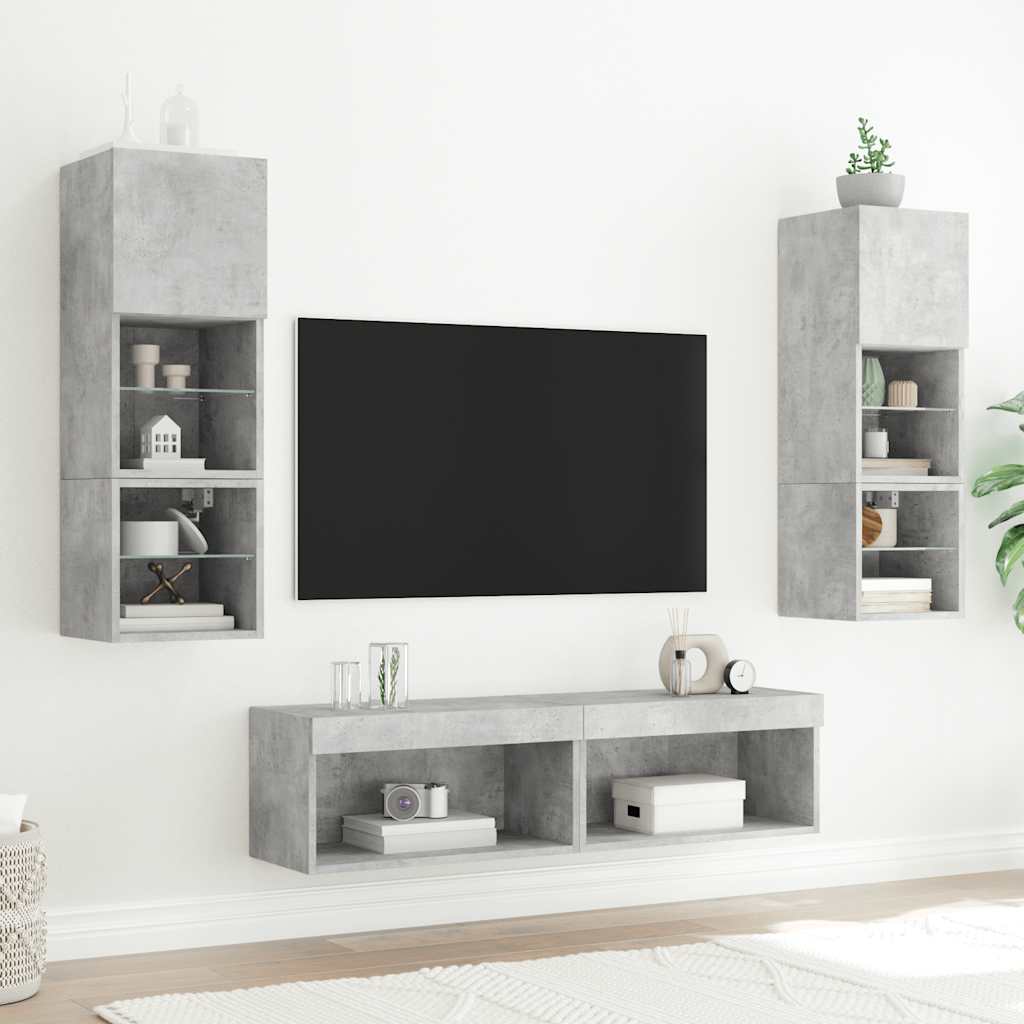 6 darab betonszürke szerelt fa fali TV-bútor LED-del 3