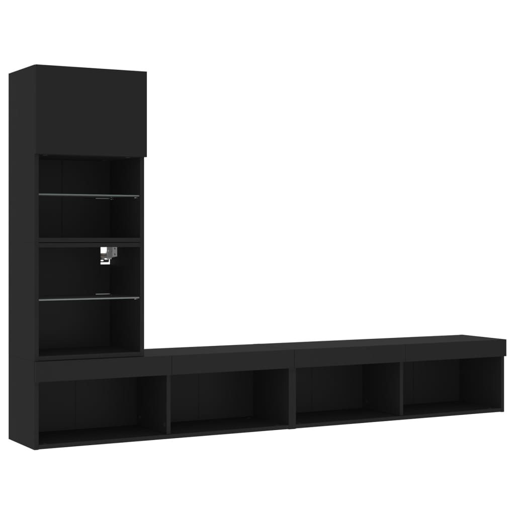 4 darab fekete szerelt fa fali TV-bútor LED-del 3