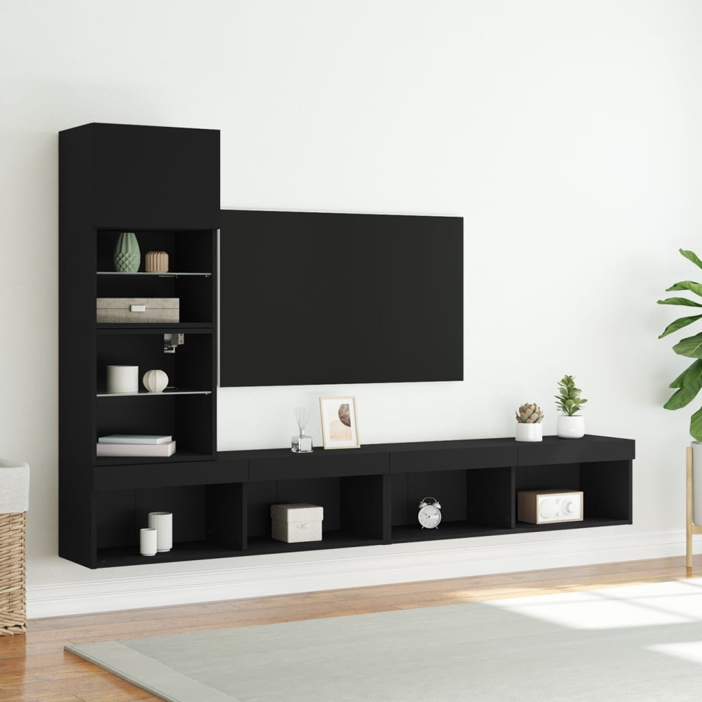 4 darab fekete szerelt fa fali TV-bútor LED-del 4