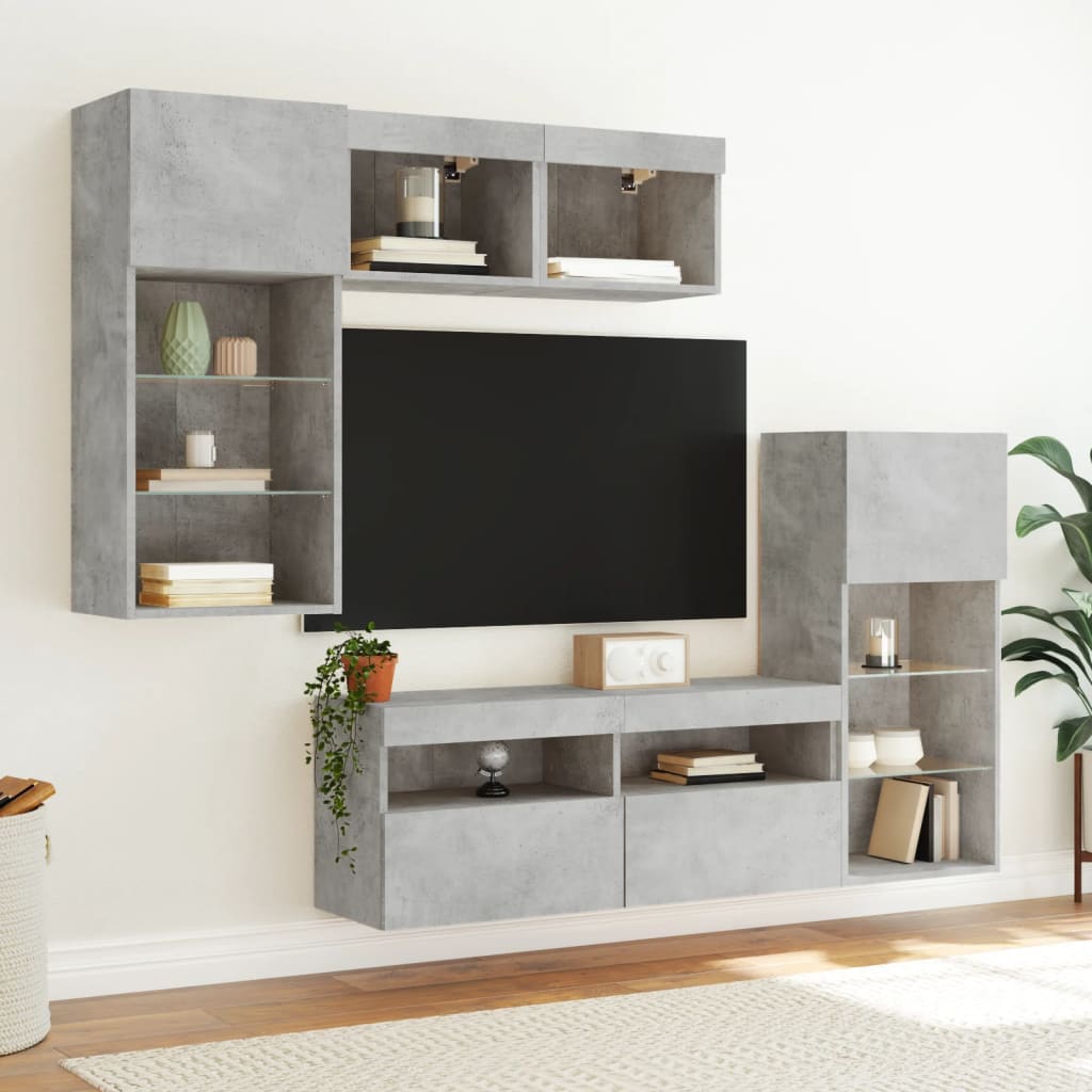 5 darab betonszürke szerelt fa fali TV-bútor LED-del 3