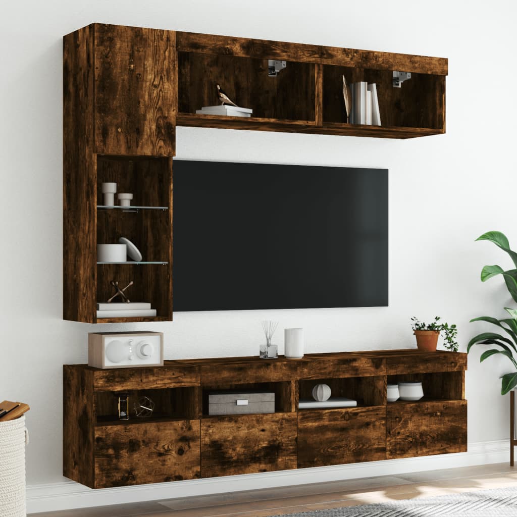 7 darabos füstös tölgy színű fali TV-szekrény szett LED-del 4