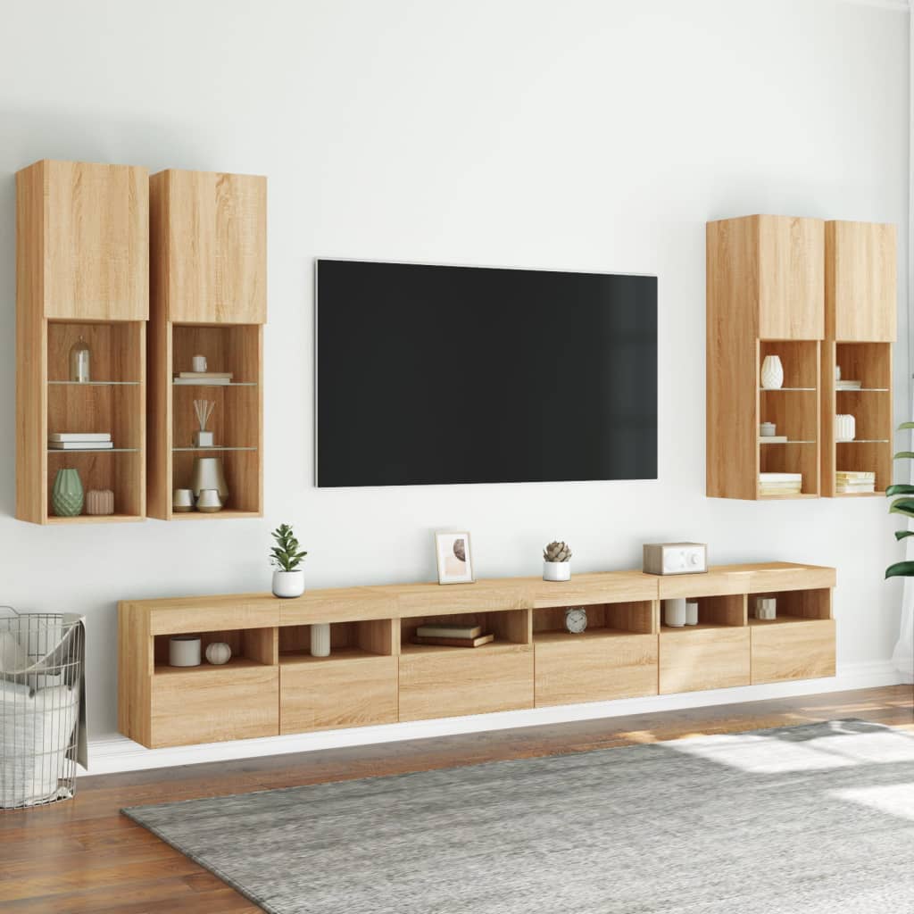 7 darab sonoma tölgy színű falra szerelhető TV-szekrény LED-del 5