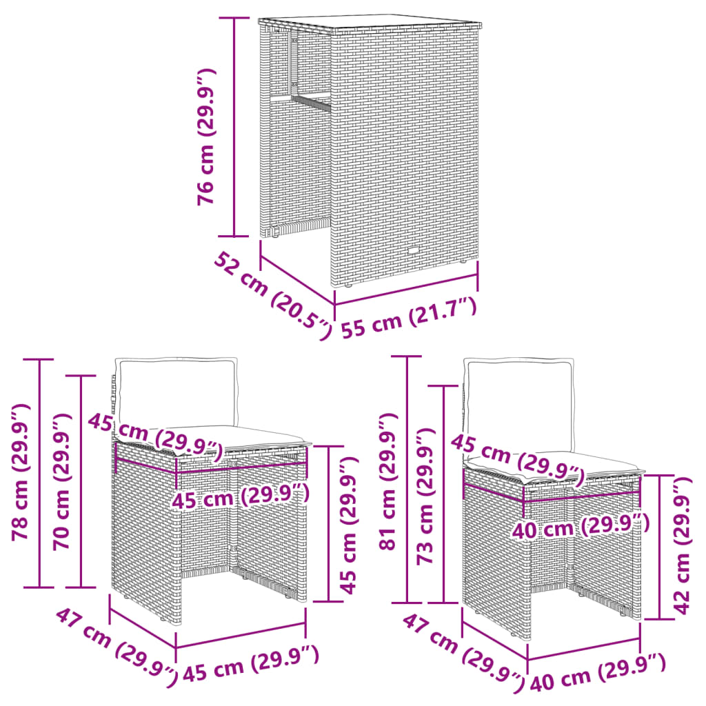 3 részes szürke polyrattan bisztrógarnitúra párnákkal 11