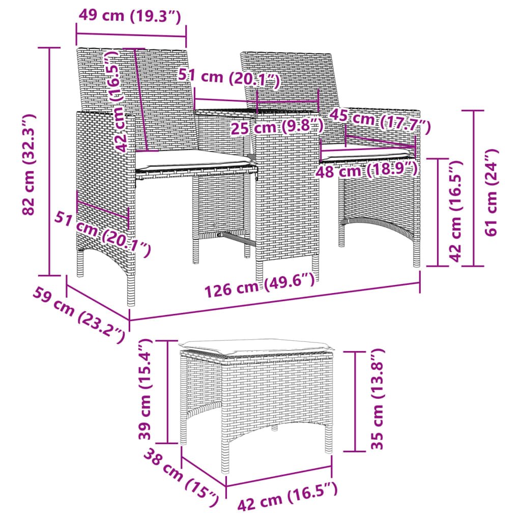 2 személyes szürke polyrattan kerti kanapé asztallal/székkel 12