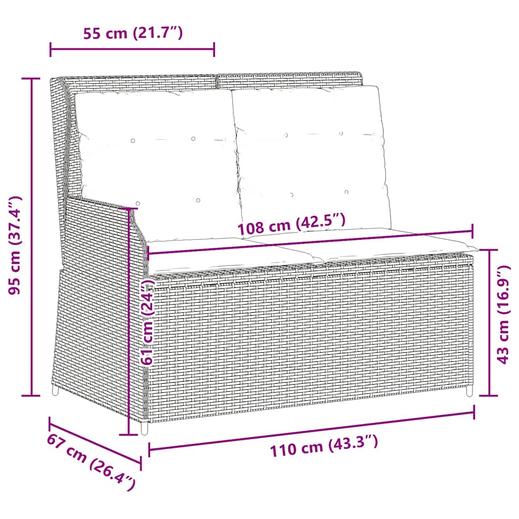 Szürke polyrattan dönthető kerti pad párnával 9