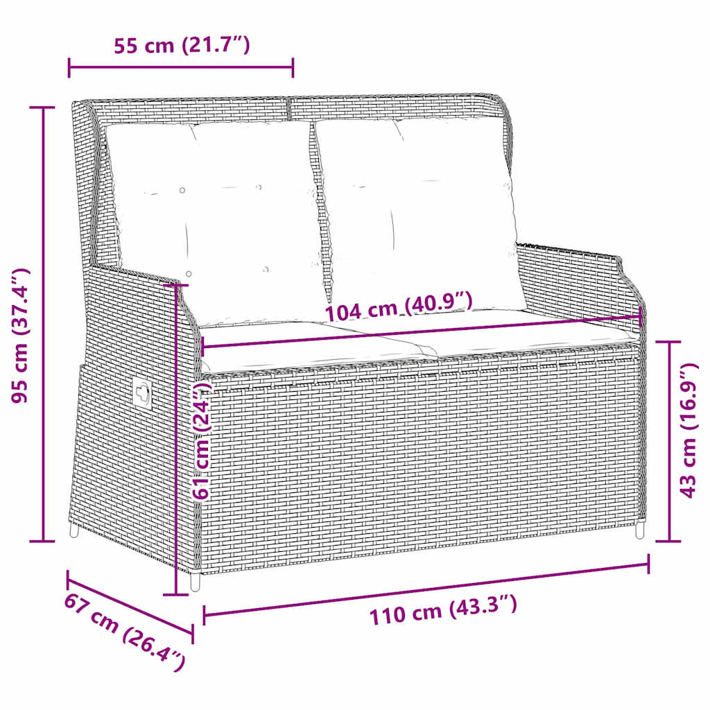 Szürke polyrattan dönthető kerti pad párnával 9