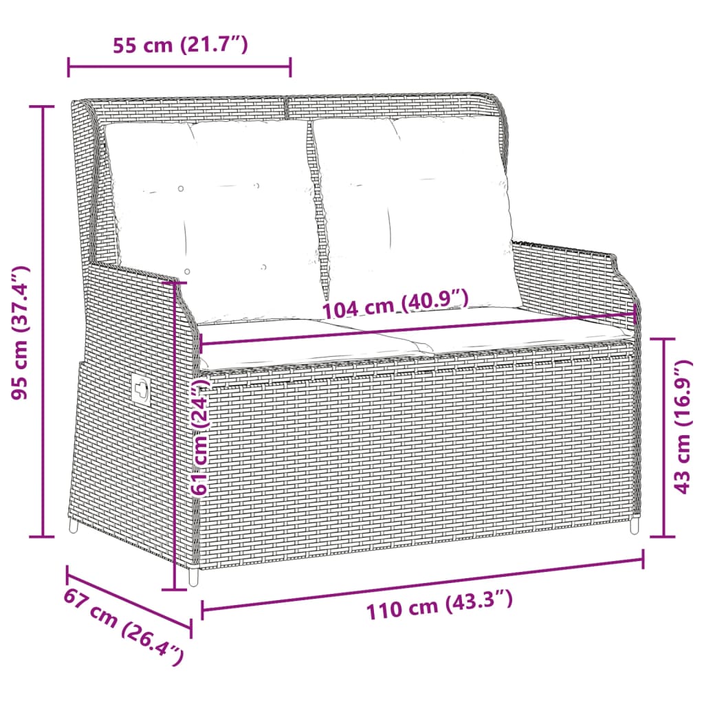 Szürke polyrattan dönthető kerti pad párnákkal 9