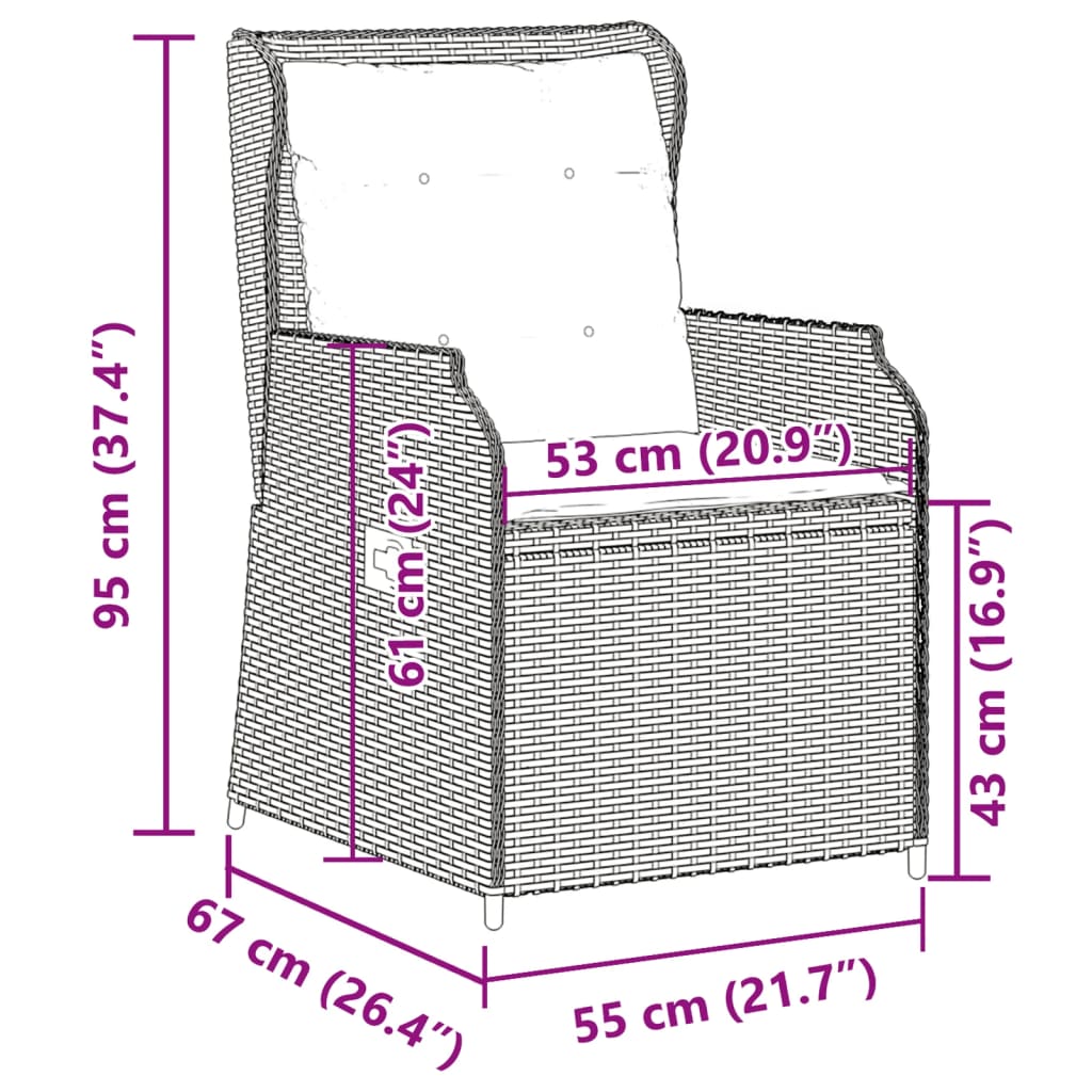 2 db barna polyrattan dönthető kerti szék párnákkal 10